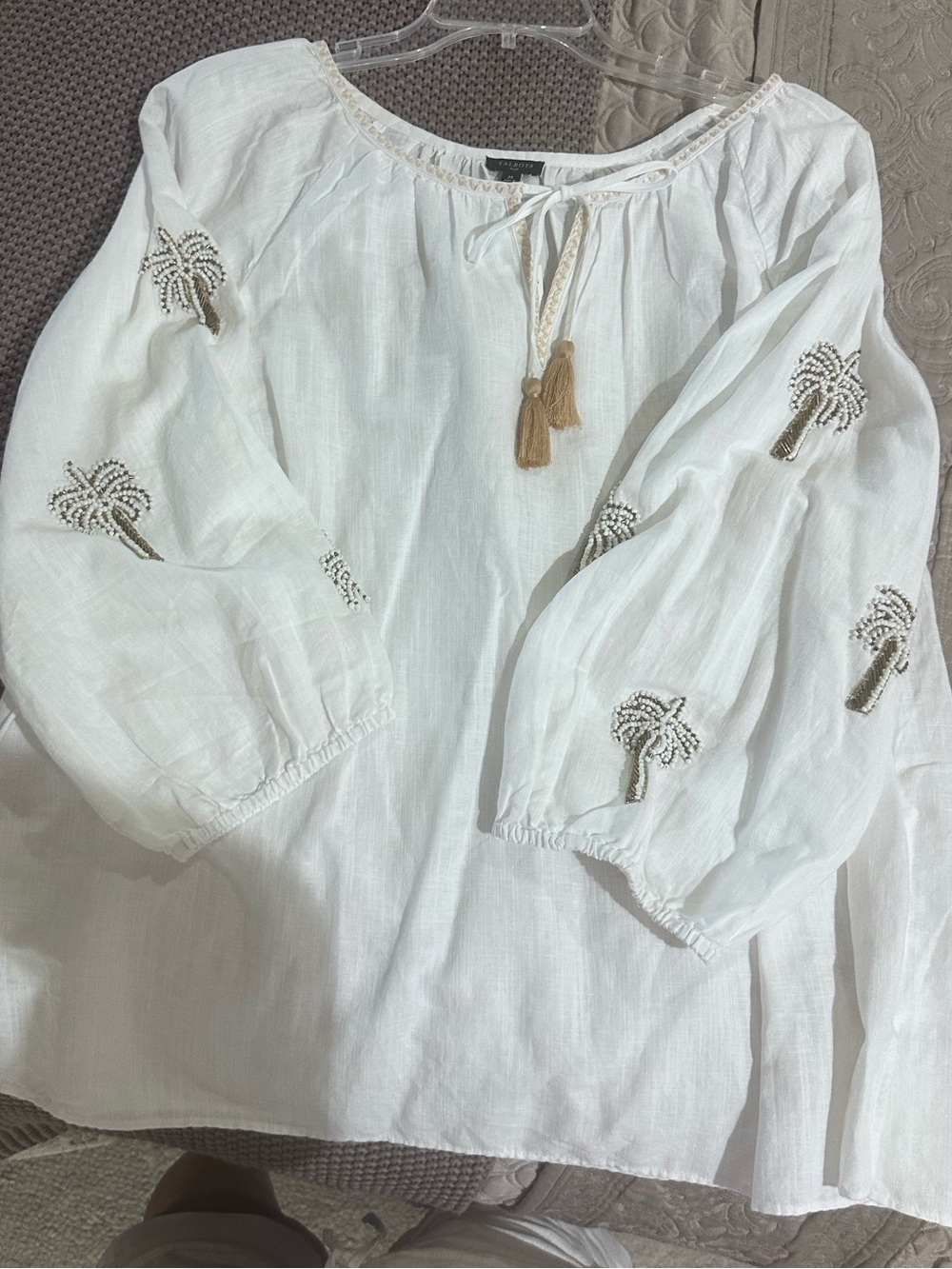 Talbots cotton shirt with beaded white and gold palm trees 2X